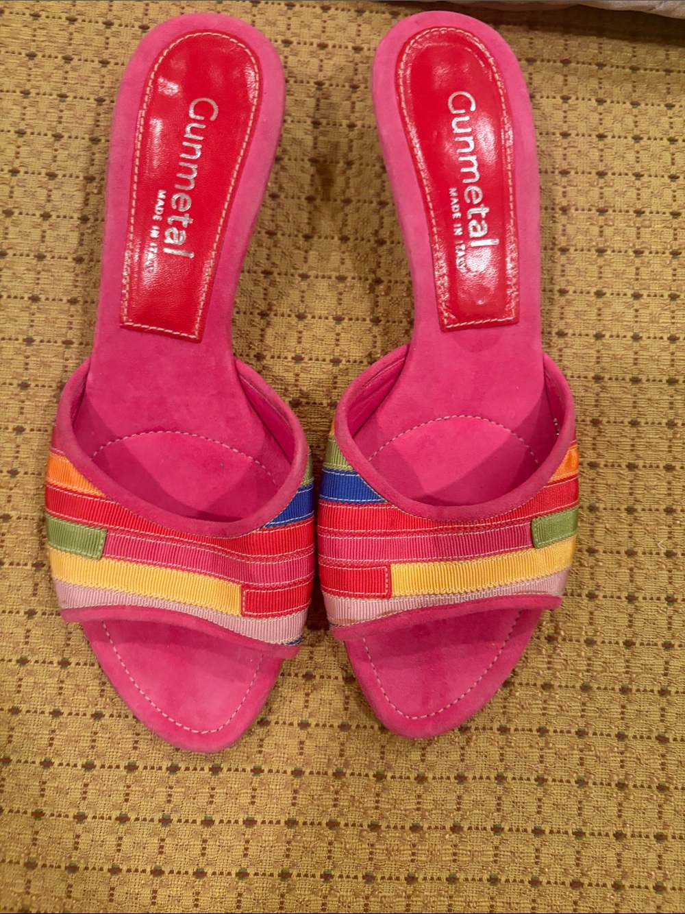 Pink Suede Slide Sandals with Multi-Color Ribbon